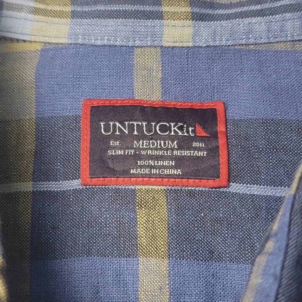 UNTUCKit Tribuno Blue Plaid 100% Linen Wrinkle-Resistant Shirt M - Picture 4 of 5
